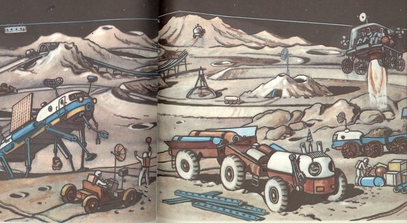 Estación Lunar, un libro infantil soviético de Pavel Klushantsev, 1965 y 1974